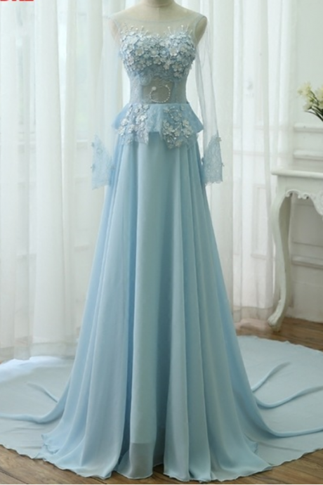 Light Blue Long Sleeve Evening Dress, Light Blue Prom Dresses 2018