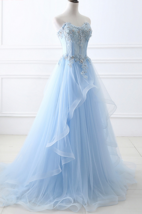 Custom Made Light Blue Sweetheart Neckline Tulle And Lace Applique Long Evening Dress, Prom Dresses, Formal Dress, Wedding Dress