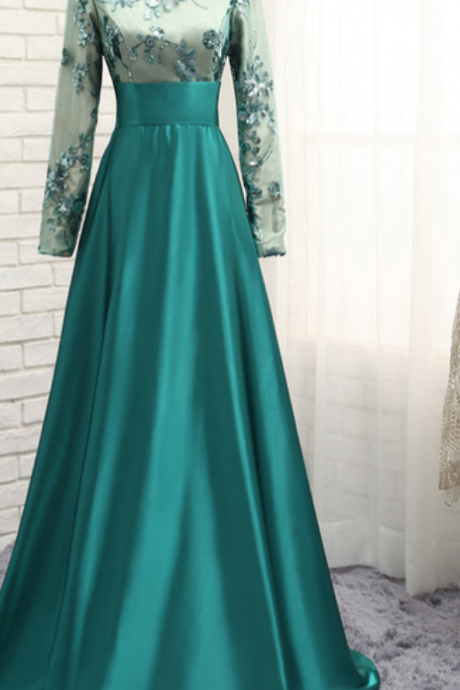 The Long-sleeved Dress Of The Muslim Green Satin Evening Gown Was Polished To A Ball Gown In Saudi Arabia