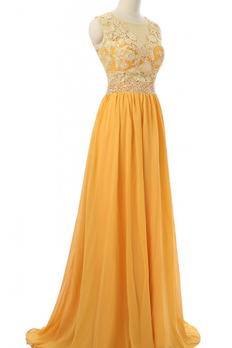 Custom Made Sleeveless Beaded Lace Top Chiffon Long Prom Dress, Formal Evening Dress