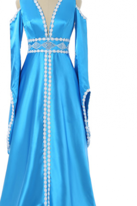 Blue Dress Line V-neck Long Sleeve Lace Dress Dubai Islamic Muslim Robes Dress In Saudi Arabia