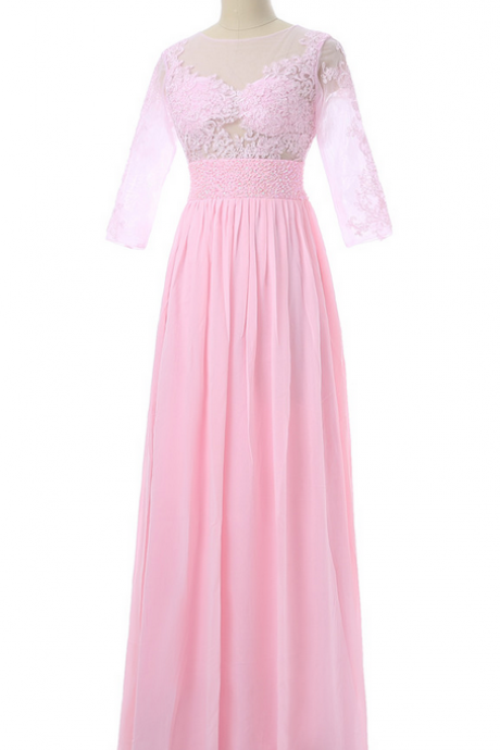 Pink Evening Dress Line 3/4 Sleeve Chiffon Lace Dress Looks At Women's Social Evening Evening Dress Gown