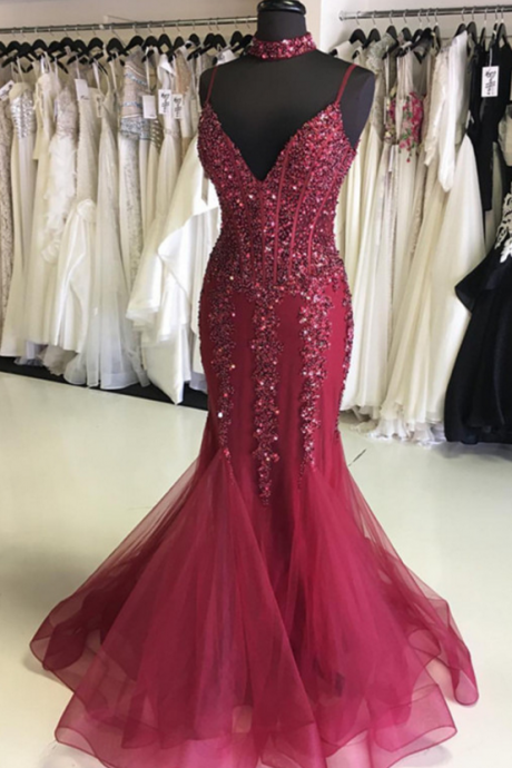 Burgundy Prom Dress,mermaid Evening Gowns,prom Dresses 2018,beaded Prom Dress
