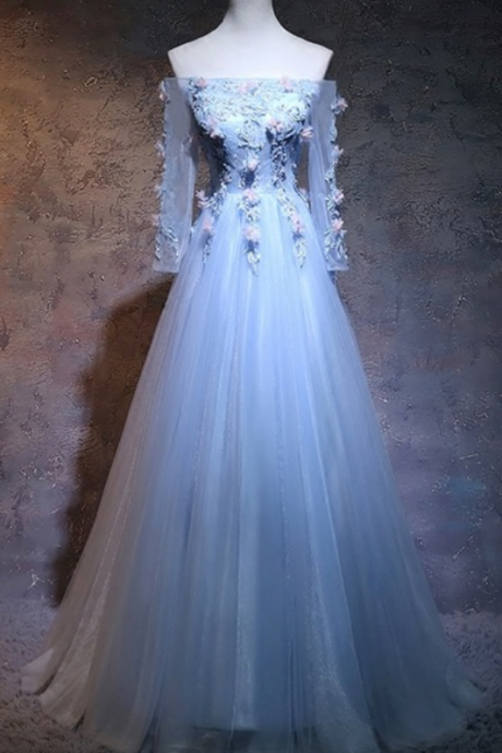 Blue Off-the-shoulder Floral Appliqués A-line Floor-length Prom Dress, Evening Dress With Sheer Long Sleeves