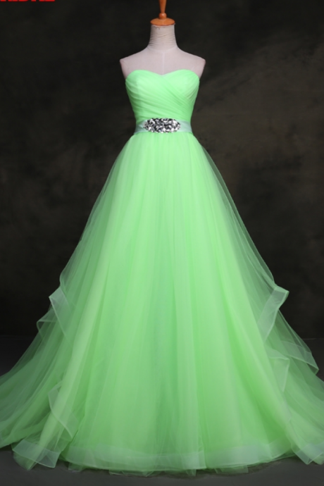 Custom Made Green Sweetheart Neckline Chiffon A-line Evening Dress With Crystal Embellished Waistline , Prom Dress, Wedding Dress, Bridesmaid