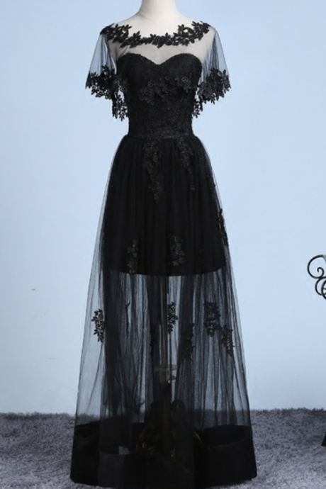 Black Sheer Cape Lace Appliqués Floor-length Evening Dress, Prom Dress, Party Dress