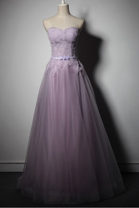 Purple Lace Appliqués Sweetheart Floor Length Tulle A-line Formal Dress Featuring Lace-up Back, Prom Dress