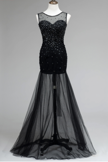 Black Sheer Sleeveless Crystal Beaded Mermaid Long Prom Dress, Evening Dress Featuring Open Back