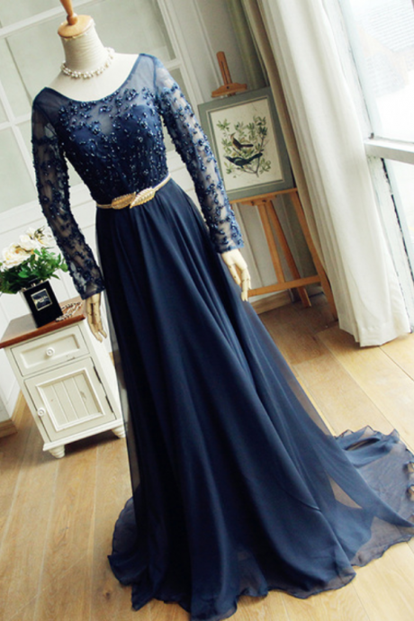 Navy Blue Dress Lace Gown At Night In A Lace Long-sleeved Blouse Beading Pearl Chiffon Gown