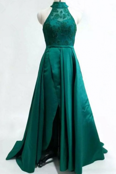 A Lace Sleeveless Gown With A Canister Printed With A Satin Soft Dress And A Bright Green Evening Gown