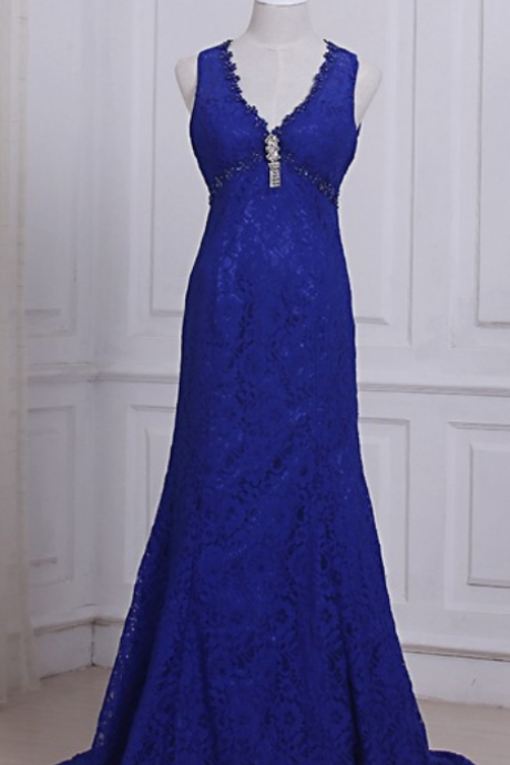 Royal Blue Skirt Lace Sexy V-neck Sleeveless Empire Party Ball Gown Evening Gown