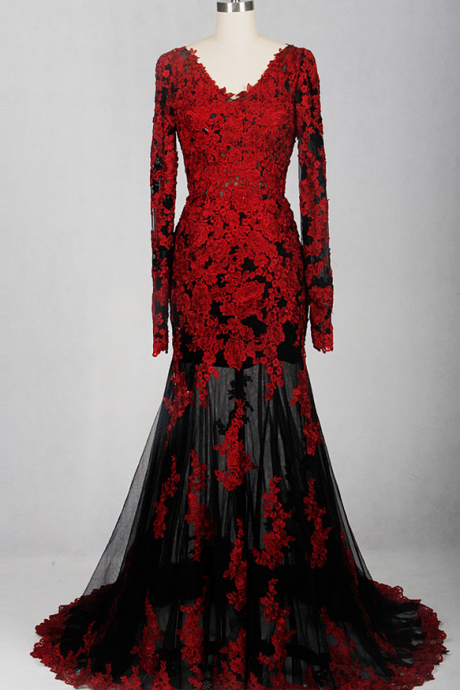 Red Black Perspective V-neck Dress Long-sleeved Low-cut Evening Gowns, Married The Appliques Lace Evening Dress