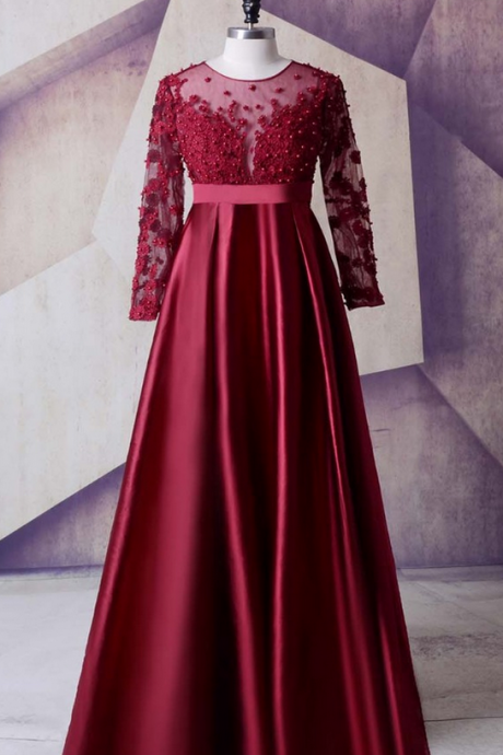 Sheer Long-sleeved Lace Appliqués Empire Waist Floor-length Prom Dress, Evening Dress, Formal Gown