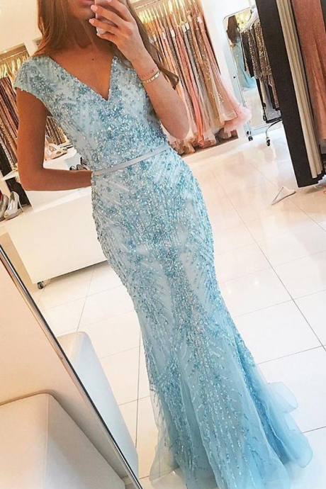 Sexy Beading Light Blue Mermaid Prom Dress, V Neckline Formal Evening Dresses, Long Prom Dresses