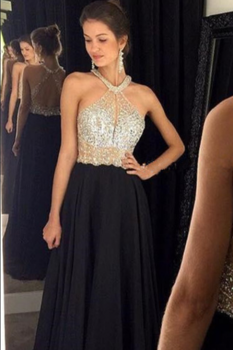 Long Prom Dresses Halter Sleeveless Backless Sweep Train Chiffon With Crystal A-line Evening Dresses