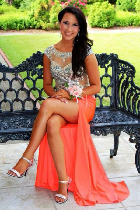 Elegant Orange Chiffon Evening Dresses Sheer Crew Neck Sleeveless Beaded Crystals Formal Prom Party Gowns Vestidos