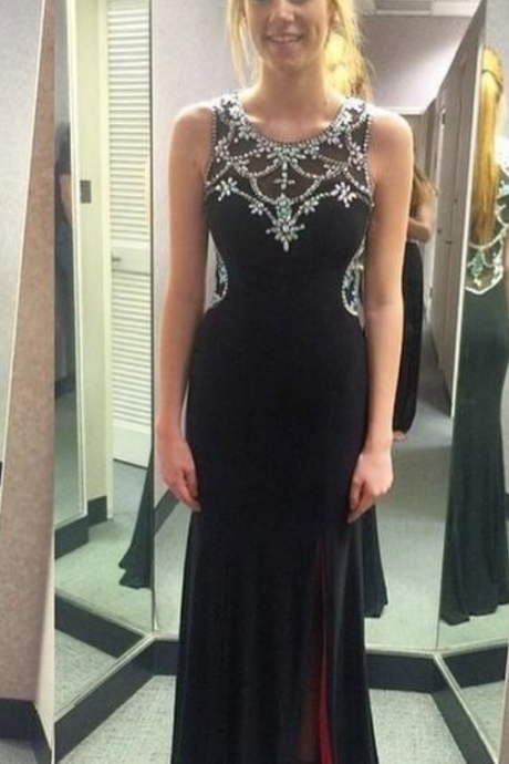 Prom Dresses O-neck Sleeveless,sweep Chiffon Crystal Straight Party Dress Split Side Formal Gown