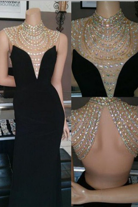 Mermaid Prom Dress/evening Dress - Black High Neck Floor Length Beading