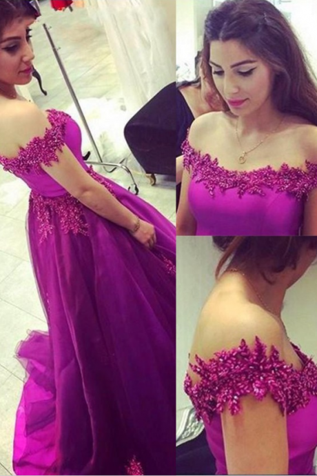 Sexy A-line Off-the-shoulder Court Train Purple Prom Dress/evening Dress With Appliques