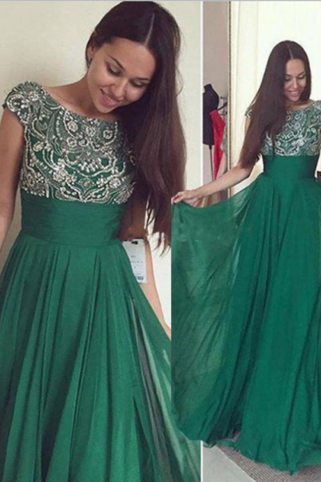 Elegant Empire Cap Sleeves Green Chiffon Prom Dress Evening Dresses
