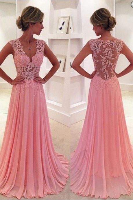A-line V-neck Sweep Train Side-zipper Pink Chiffon Prom Dress With Appliques Evening Dresses