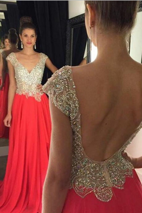 Prom Dresses Timeless A-line V-neck Cap Sleeves Red Prom/evening Dress With Beading