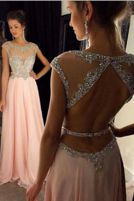 Prom Dresses Sexy A-line Bateau Floor Length Cap Sleeves Pink Prom/evening Dress With Beading