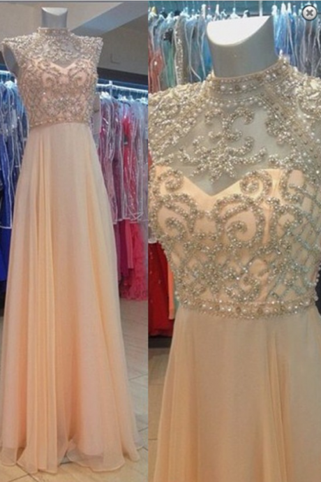 Prom Dresses Glamorous A-line High Neck Floor Length Pink Prom Dress/evening Dress With Pearls