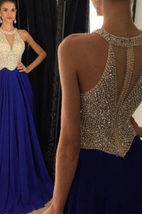Sexy A-line Crew Neck Floor Length Royal Blue Prom Dress/evening Dress With Beading