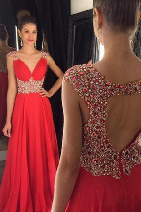 Elegant A-line V-neck Sweep Train Red Prom Dress/evening Dress With Rhinestone