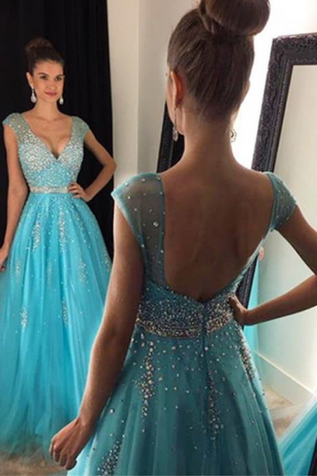 Gorgeous A-line V-neck Floor Length Cap Sleeves Prom Dress/evening Dress With Beading