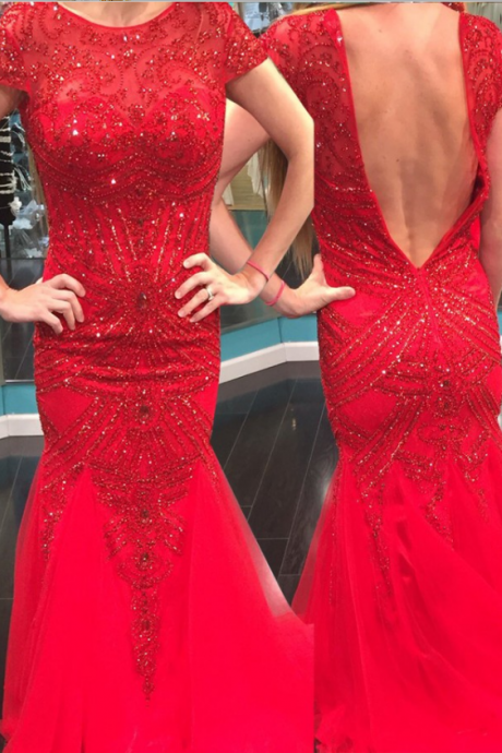 Mermaid Jewel Short Sleeves Floor-length Backless Red Prom Dress With Beading