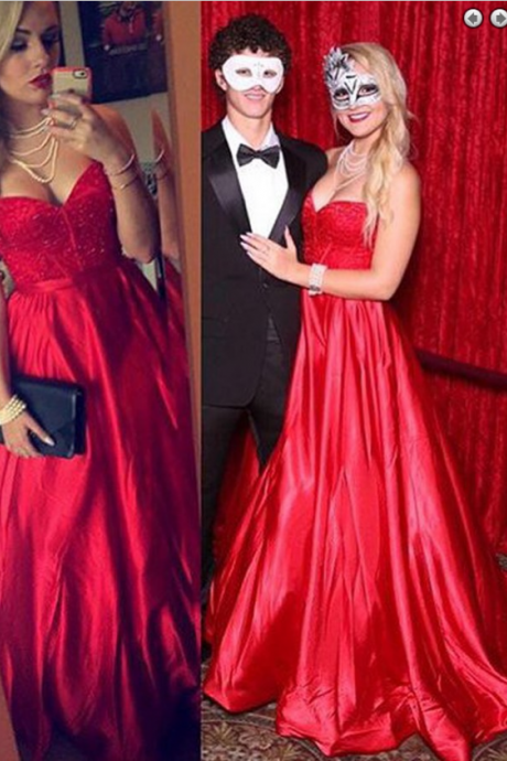 A-line Sweetheart Sweep Train Red Elastic Satin Prom Dress With Beading