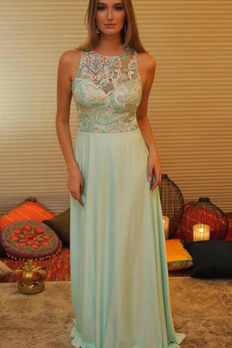 Simple Jewel Sleeveless Long Mint Chiffon Satin Prom Dress With Lace Top