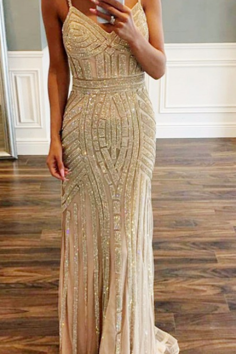 Luxurious Mermaid Spaghetti Straps Champagne Long Prom Dress,fashion Prom Dress,sexy Party Dress,custom Made Evening Dress