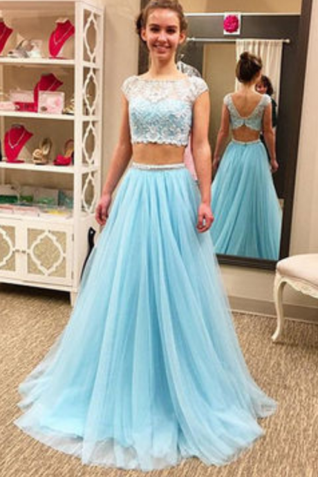 Blue Lace Spliced A-line Two Pieces Chiffon Prom Dresses