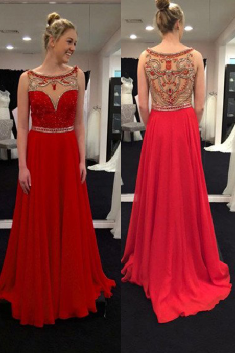 Red Sheer Beaded Back Chiffon Prom Dresses Prom Gowns,prom Dresses
