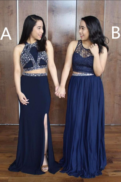Two Pieces Prom Dresses,prom Dress,prom Dresses,navy Blue Prom Gowns,beaded Prom Dresses,modest Prom Dresses,prom Dresses For Teens,party