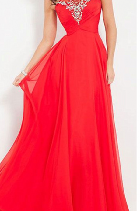 Red Chiffon Prom Dresses Crystals Beaded Party Dresses Floor Length Sleeves Pleat Formal Women Dresses