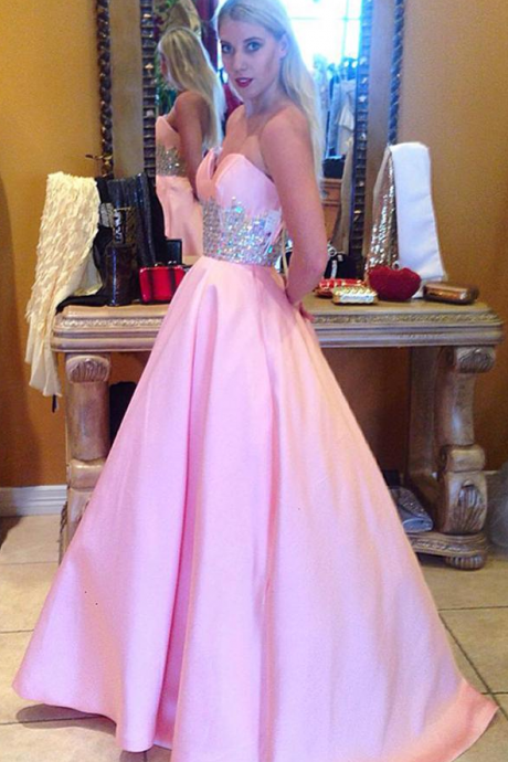 Arrived Prom Dress, Prom Dresses, Long Prom Dress, Blushing Pink Sweetheart Beading Lace Up Back Long Satin Ball Gown Prom Dress,