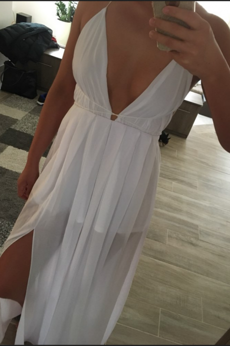 Sexy Chiffon White Cross Back Slit Long Party Gowns, White Formal Dresses, Evening Gowns