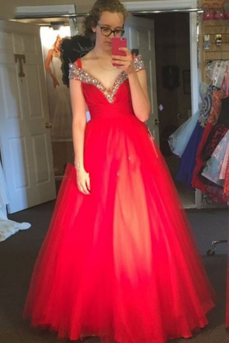 Off The Shoulder Red Prom Dresses, Short Cap Sleeve Long Red Party Dresses, Sexy V Neck Pageant Red Evening Dresses, Luxury Crystal Prom Dresses,