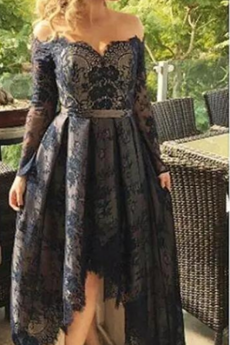Long Sleeves Full Lace Prom Dresses Off The Shoulder A Line High Low Arabic Navy Blue Evening Pageant Party Gowns