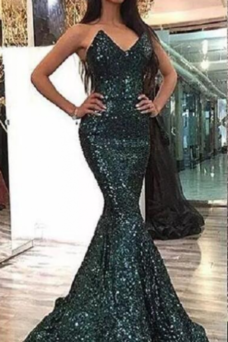 Sequins Evening Dresses Mermaid Fashion Curved Sweetheart Neck Hunter Color Sweep Train Dubai Prom Gowns