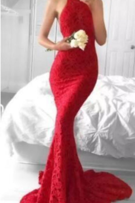 Mermaid Lace Prom Dresses Sexy Open Back Halter Red Evening Party Gowns Vestidos De Fiesta Celebrity Party Holiday Dresses