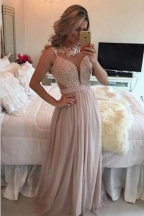 Evening Wear Pearls Beaded Top Appliqued O Neck Elegant A Line Floor Length Prom Dresses Long Gowns Chiffon