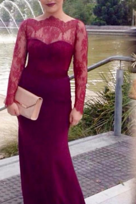 Burgundy Lace Mermaid Evening Dresses Boat Neck Sheer Long Sleeves Buttons Prom Dress Evening Dresses
