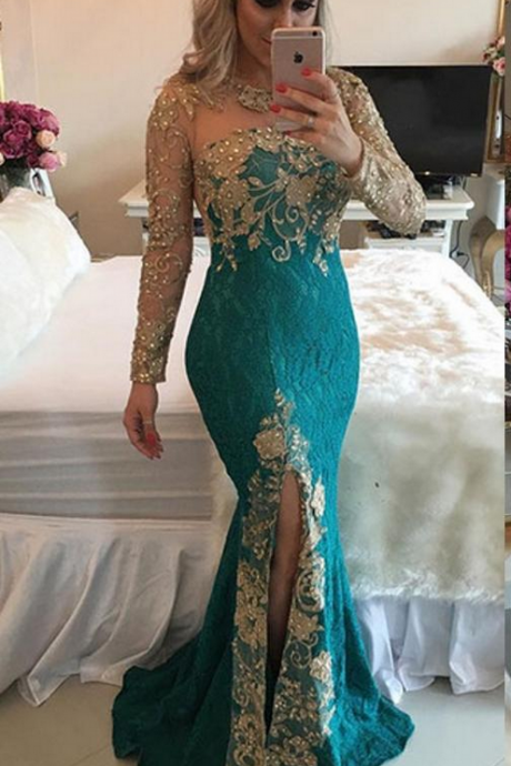 Good Quality Dark Green Mermaid Lace Evening Dresses Jewel Sexy Sheer Back Long Sleeves Split Front Party Dresses