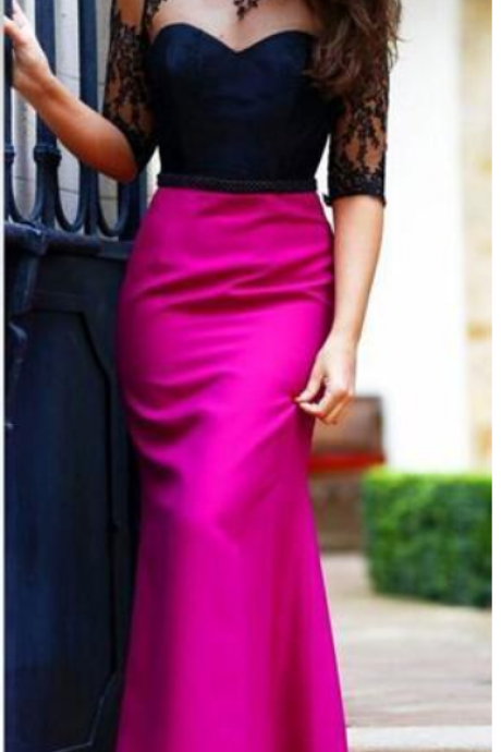 Black Lace Long Mermaid Evening Dresses With Sleeve Sexy Open Back See Through Formal Fuchsia Color Design Pageant Prom Party Dress