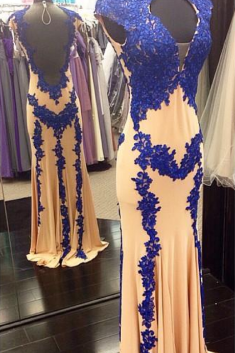 High Neck Royal Blue Lace Appliques Prom Dresses Gown Long Sheath Column Backless Lady Formal Evening Gowns Skin Chiffon
